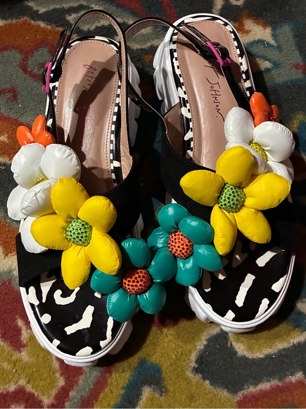 Betsey Johnson Black Sandals with Yellow, Teal, White & Orange Floral Accents - Picture 2 of 4